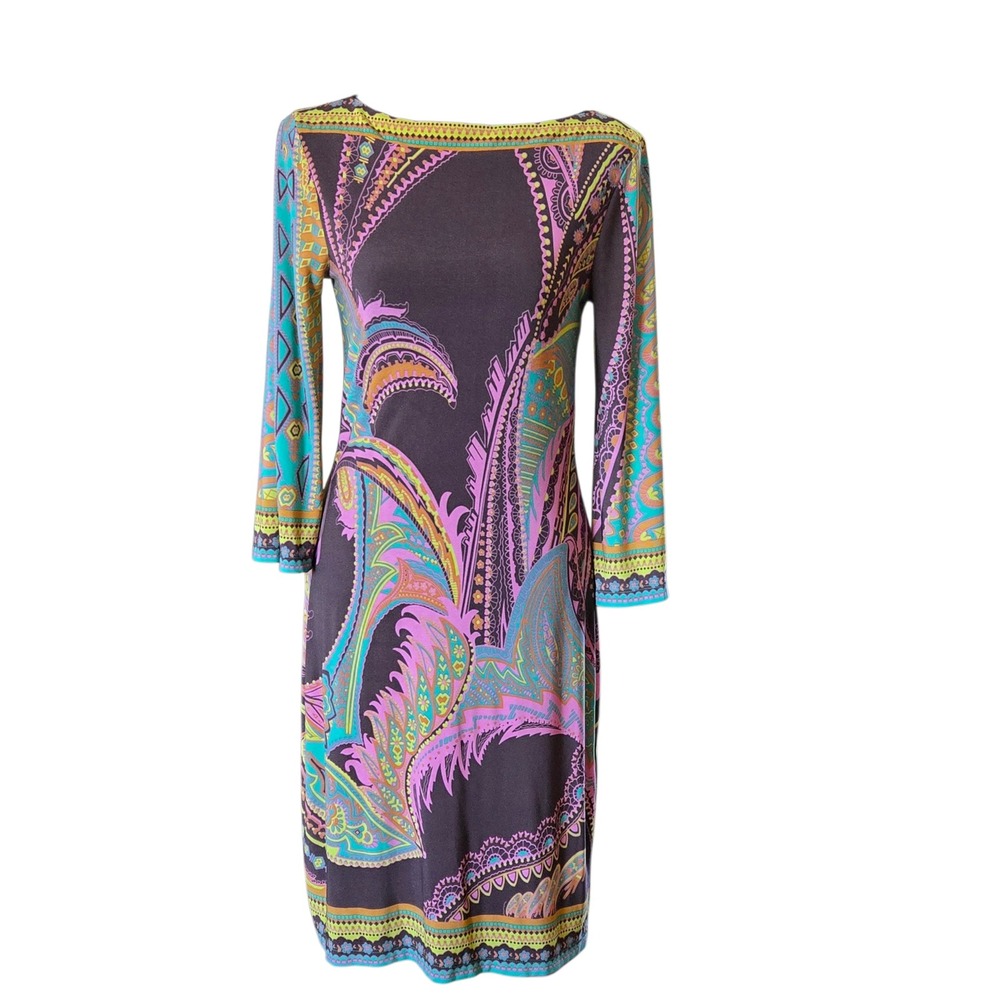 ECI New York Womens SZ 4 Paisley Print Boat Neck 3/4 Sleeve Sheath Dress Purple